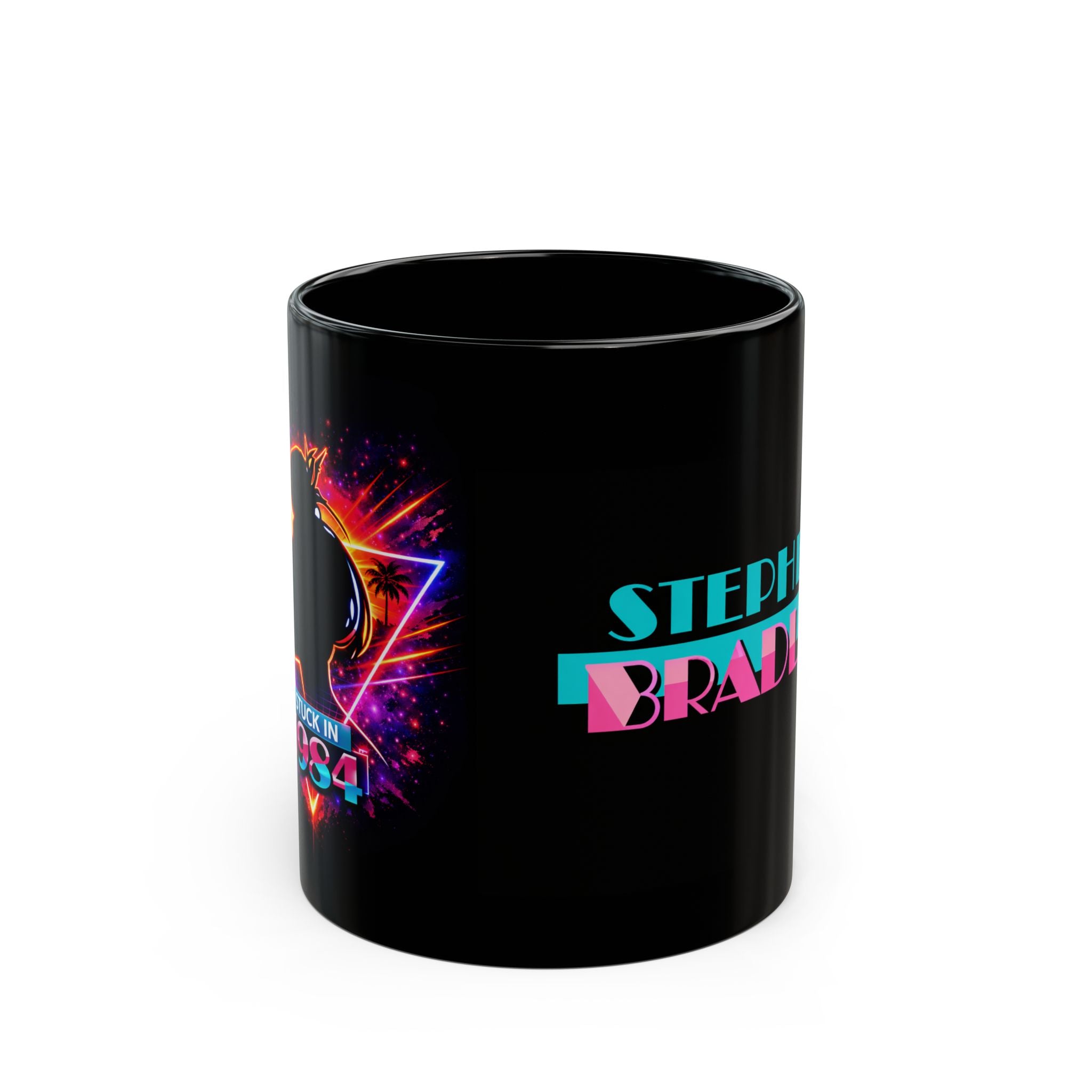 Retro 'Stuck in 1984' Black Mug — Neon Vaporwave Stephen Bradley Coffee Cup (11oz, 15oz)