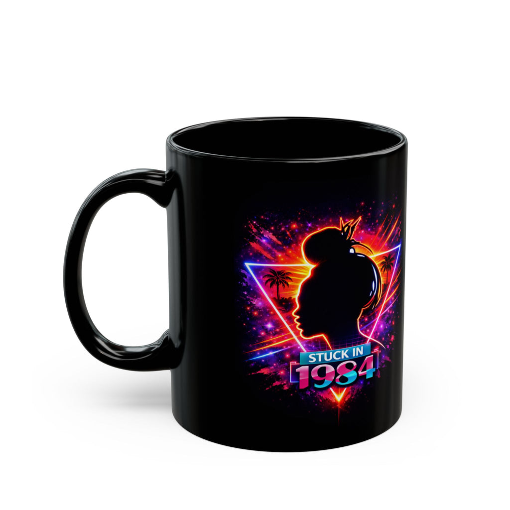 Retro 'Stuck in 1984' Black Mug — Neon Vaporwave Stephen Bradley Coffee Cup (11oz, 15oz)